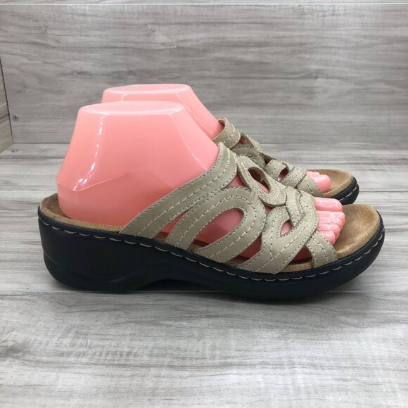 Clarks Shoes - Clarks Sandals Womens 8.5M Tan Leather Slip On Comfort Shoes